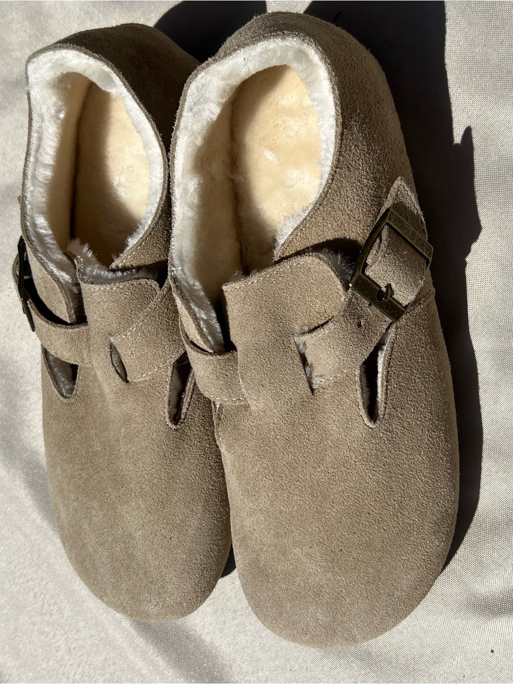 Suede Slip-On Clog with Buckle - Taupe
